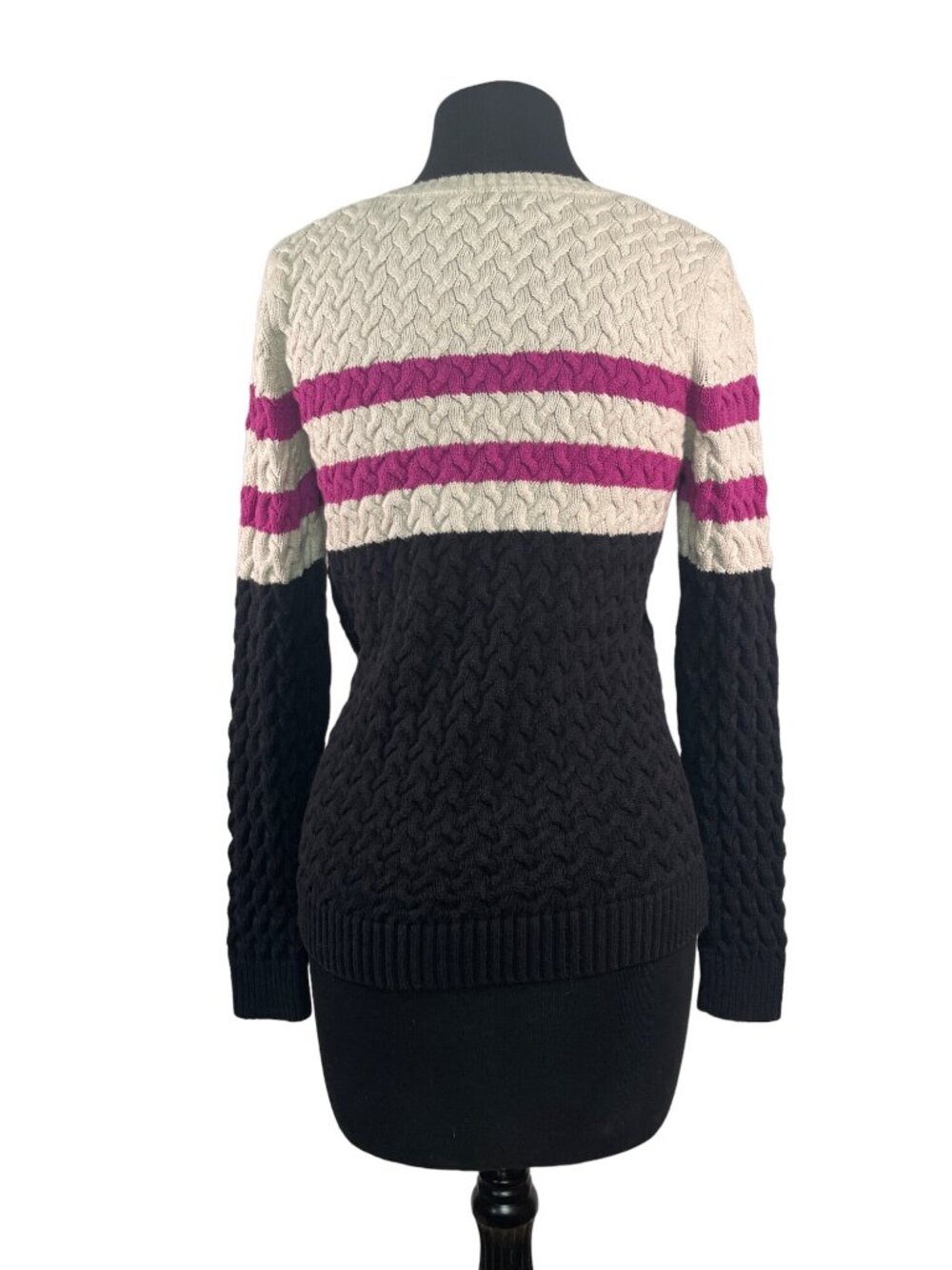 Croft & Barrow Medium Knit Sweater Black Ivory Pink Cable Long Sleeve - Picture 7 of 9